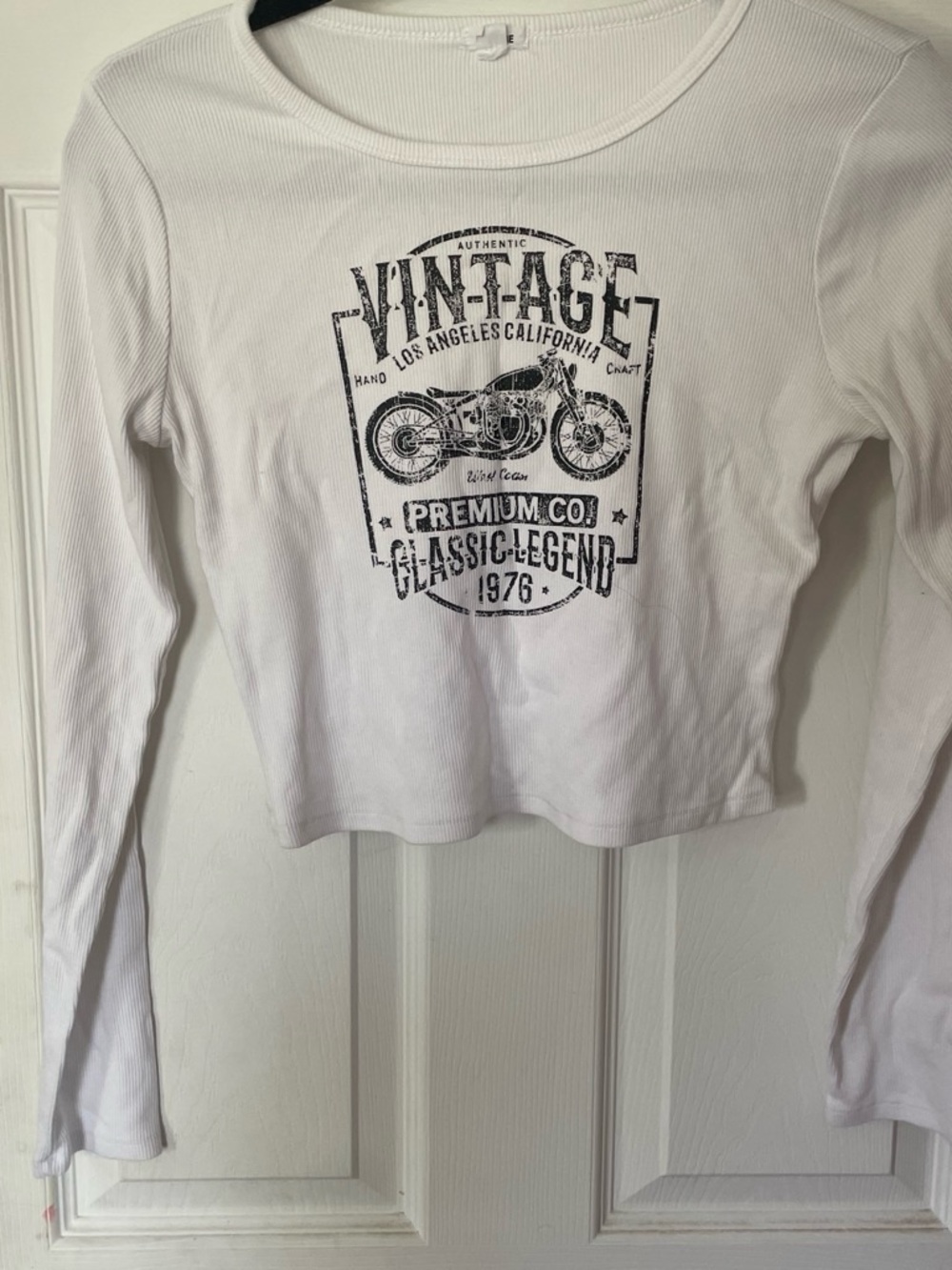 Garage White Long Sleeve Thermal Tee with Black Vintage Motorcycle Graphic